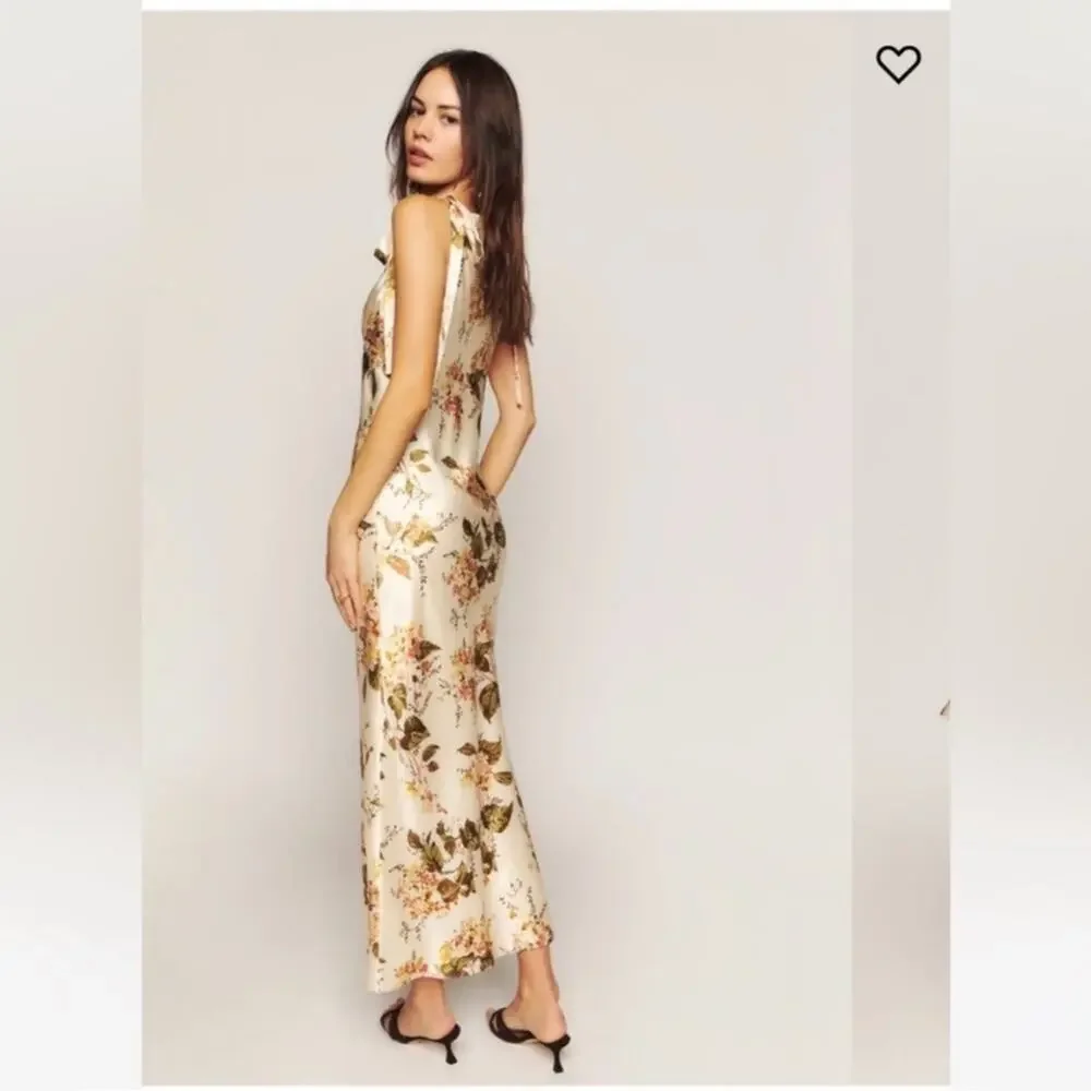 Reformation Aden 100% Silk Dress in “Bella” floral print cream sleeveless midi - Picture 3 of 11